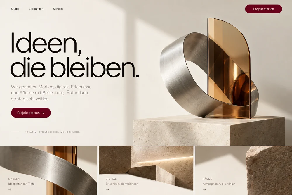 Helles Landingpage-Gestaltungskonzept mit skulpturaler Bildwelt
