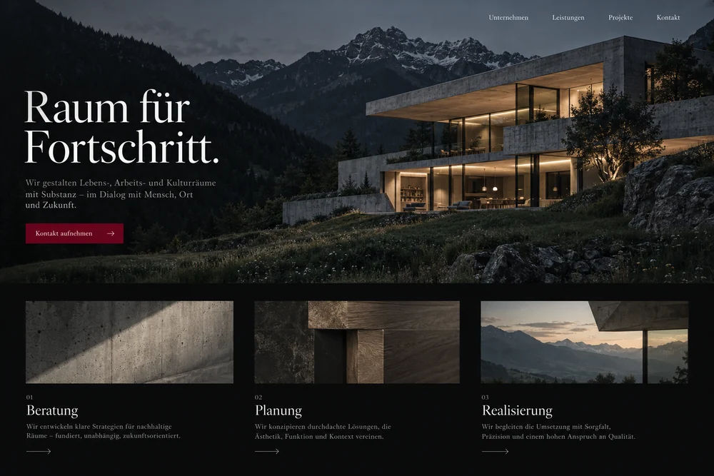 Dunkles Unternehmenswebsite-Gestaltungskonzept mit Architektur-Fotografie